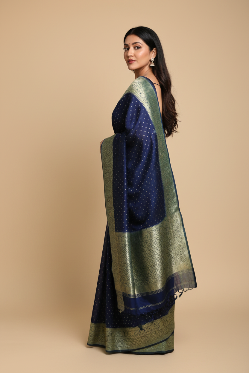 Snuggle Spot Women's Litchi silk Printed Saree With Unstitched Blouse (Blue)