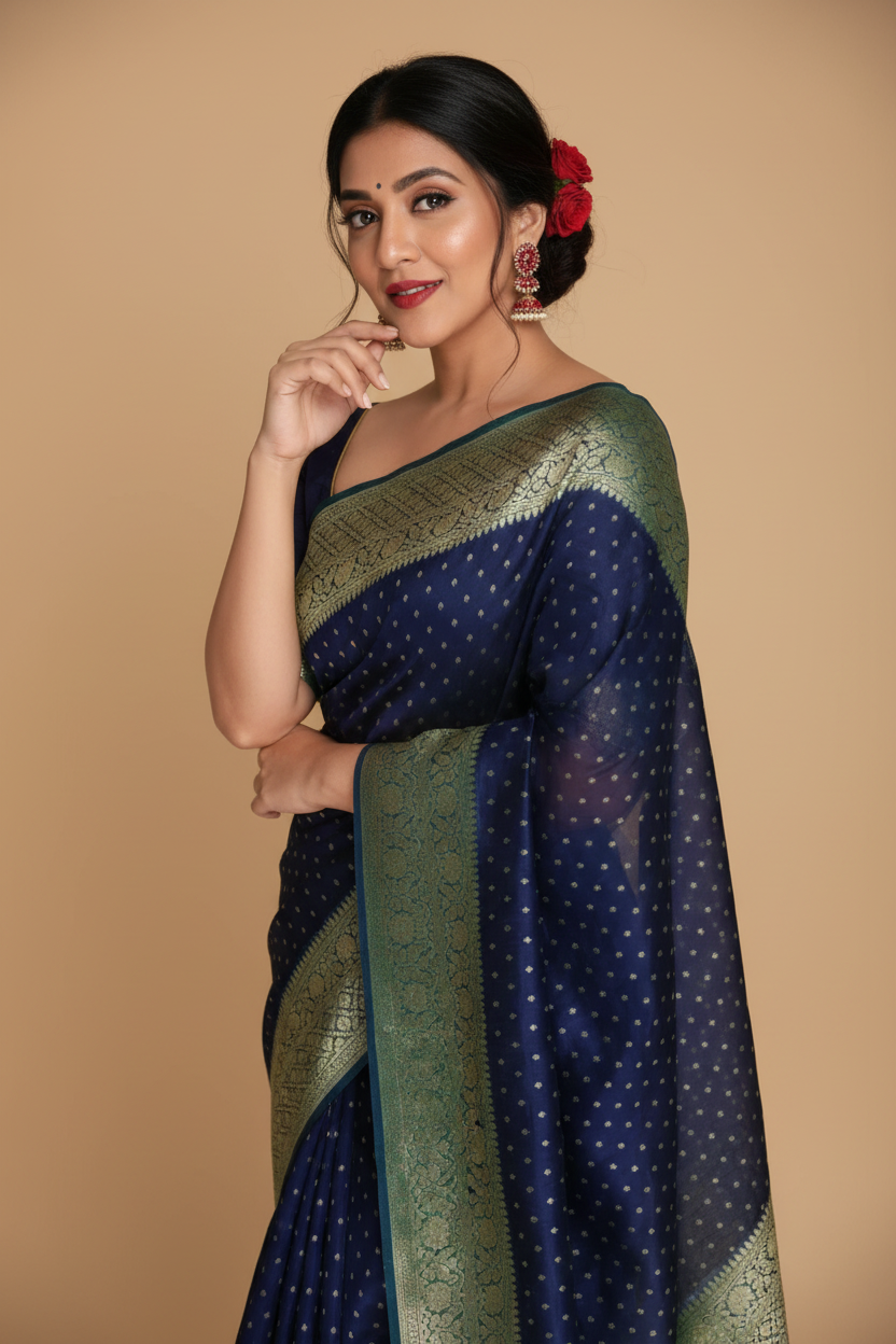 Snuggle Spot Women's Litchi silk Printed Saree With Unstitched Blouse (Blue)