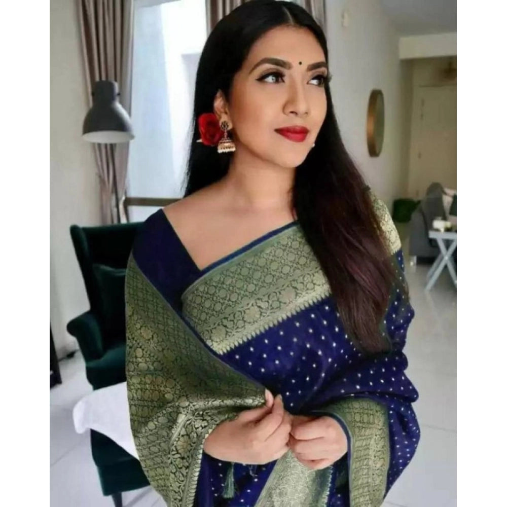 Snuggle Spot Women's Litchi silk Printed Saree With Unstitched Blouse (Blue)