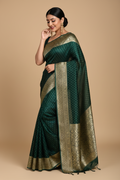 Snuggle Spot Women's Litchi silk Printed Saree With Unstitched Blouse (Green)