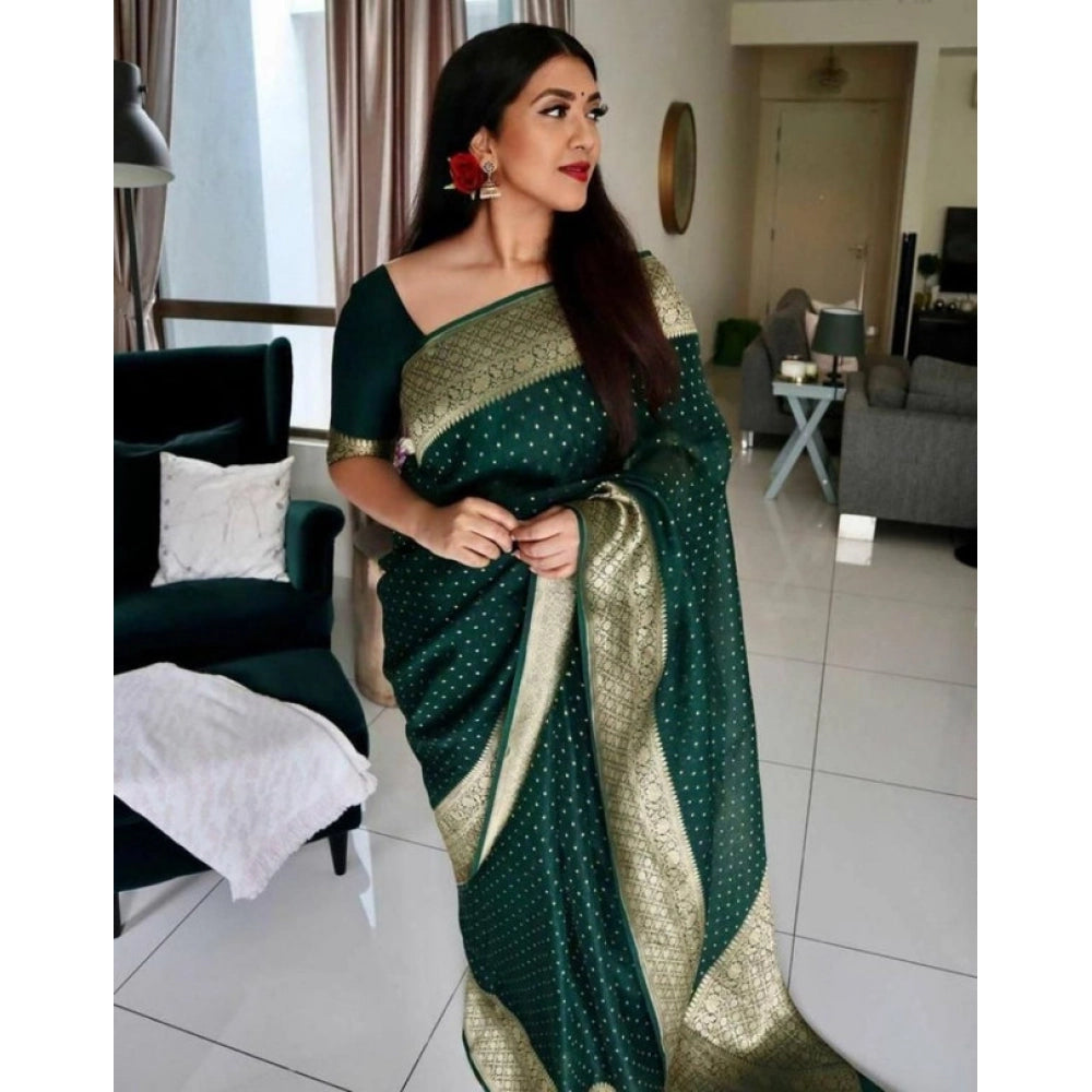 Snuggle Spot Women's Litchi silk Printed Saree With Unstitched Blouse (Green)