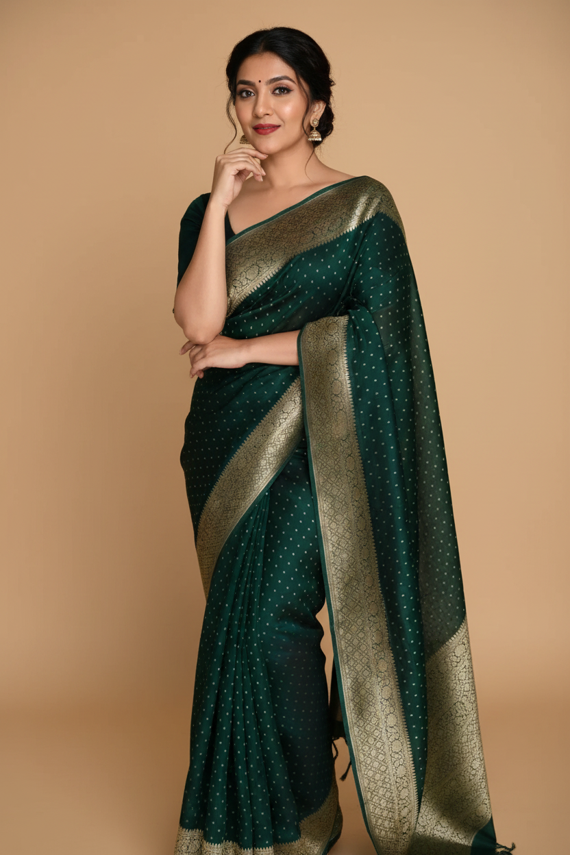 Snuggle Spot Women's Litchi silk Printed Saree With Unstitched Blouse (Green)