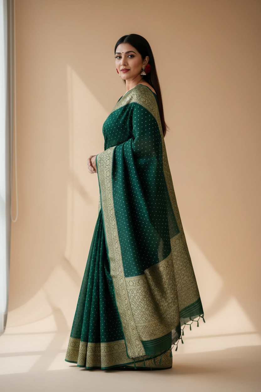 Snuggle Spot Women's Litchi silk Printed Saree With Unstitched Blouse (Green)