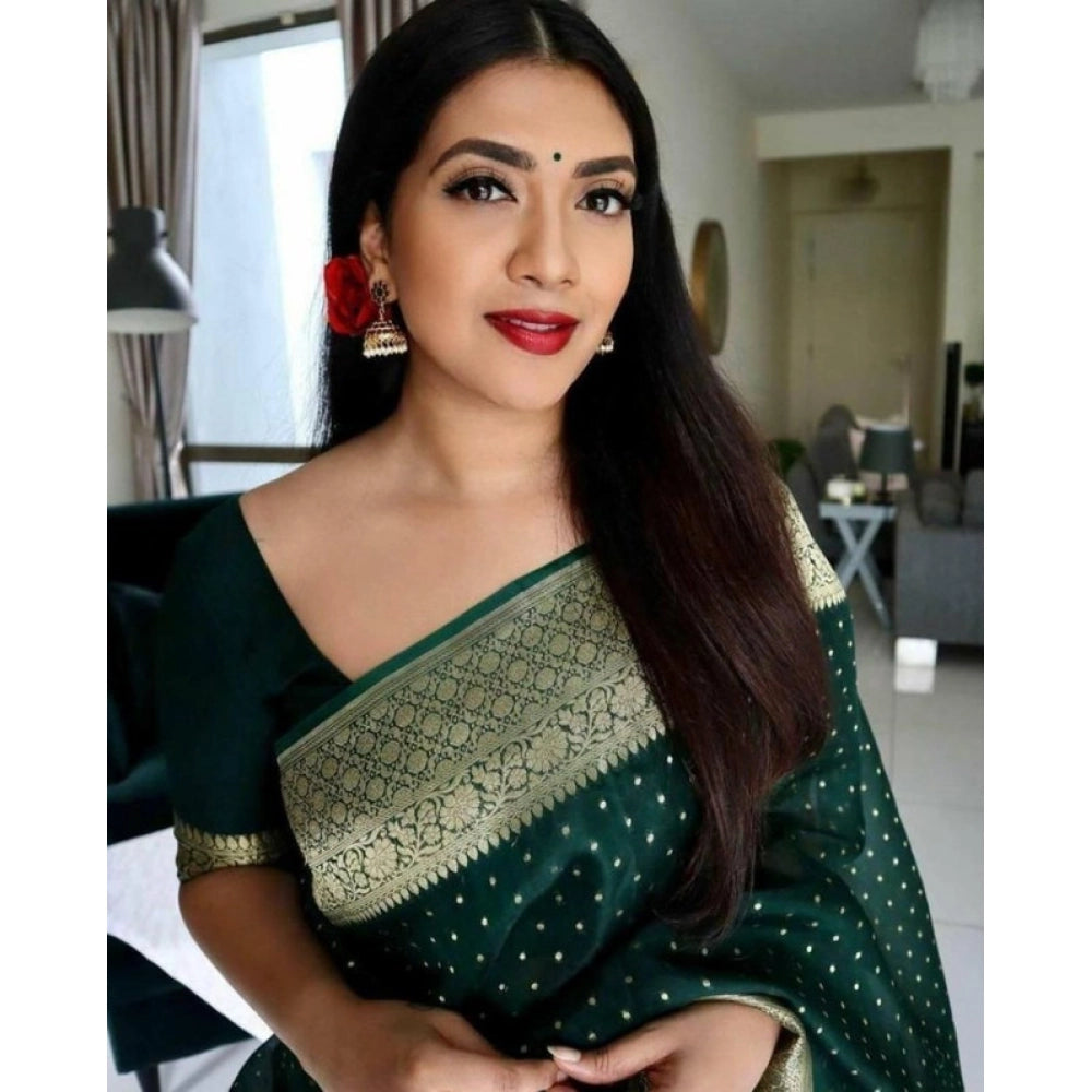 Snuggle Spot Women's Litchi silk Printed Saree With Unstitched Blouse (Green)