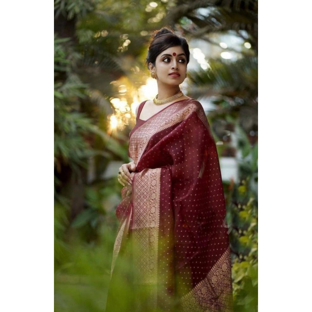 Snuggle Spot Women's Litchi silk Printed Saree With Unstitched Blouse (Maroon)