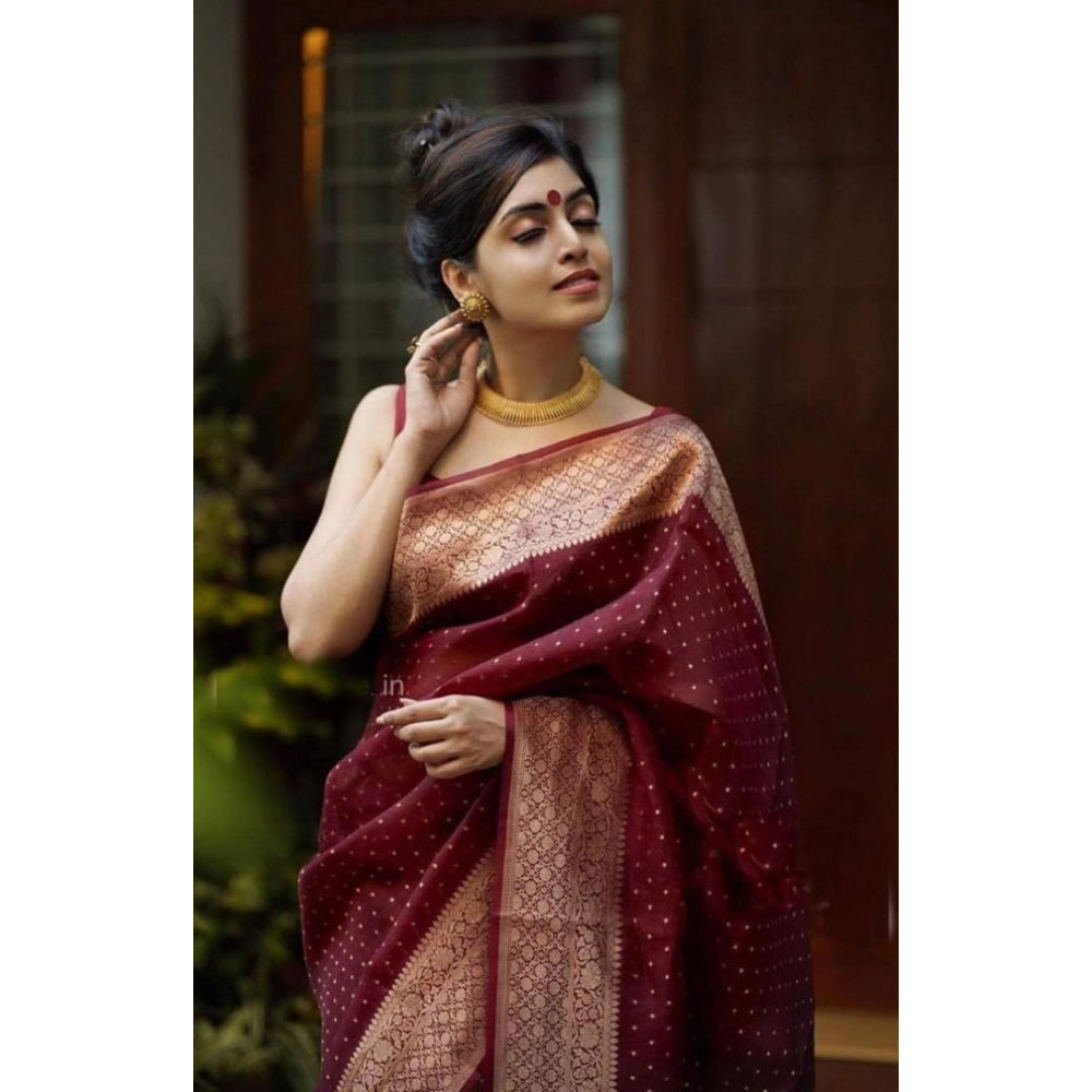 Snuggle Spot Women's Litchi silk Printed Saree With Unstitched Blouse (Maroon)