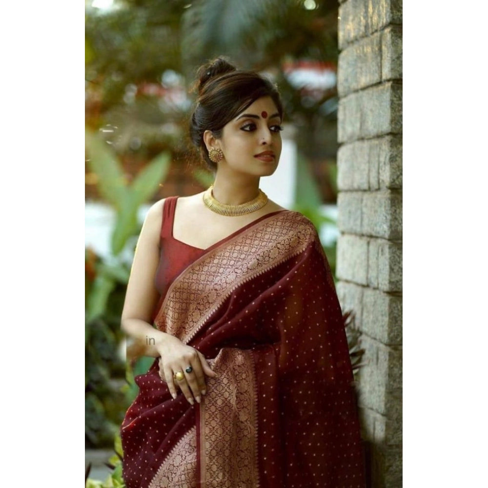 Snuggle Spot Women's Litchi silk Printed Saree With Unstitched Blouse (Maroon)