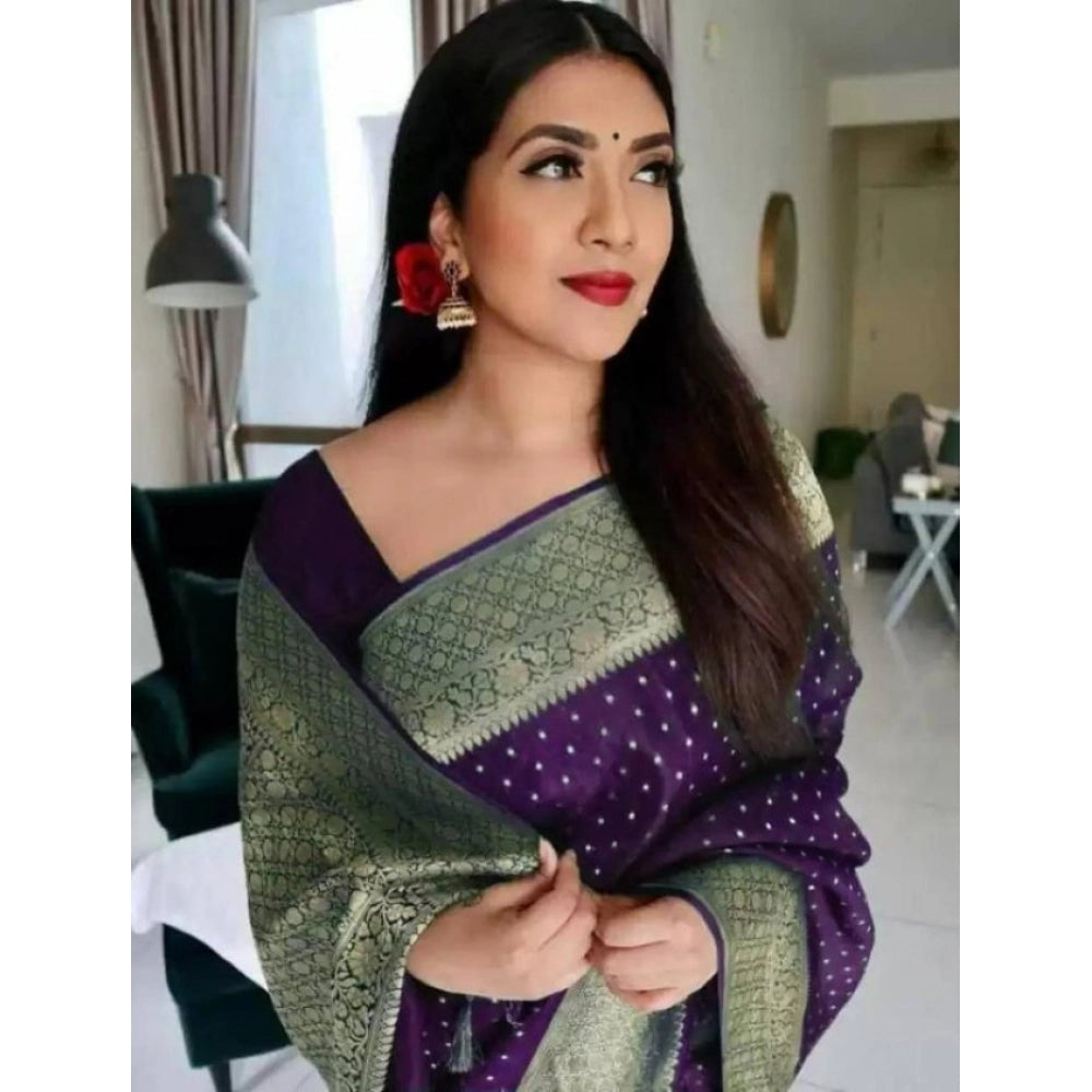 Snuggle Spot Women's Litchi silk Printed Saree With Unstitched Blouse (Purple)