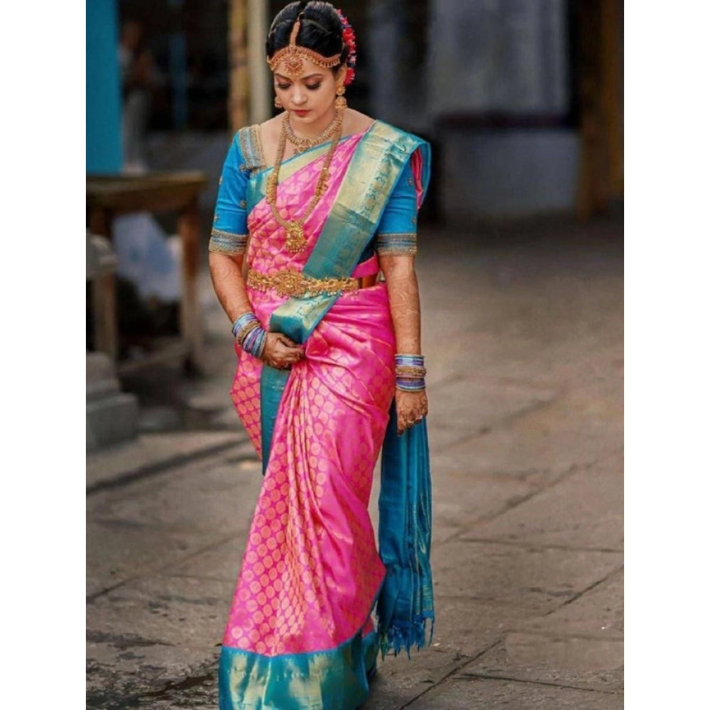 Snuggle Spot Women's Litchi silk Printed Saree With Unstitched Blouse (Pink)