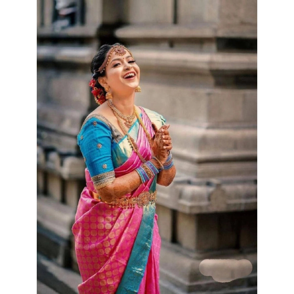 Snuggle Spot Women's Litchi silk Printed Saree With Unstitched Blouse (Pink)