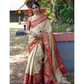 Snuggle Spot Women's Litchi silk Printed Saree With Unstitched Blouse (Beige)