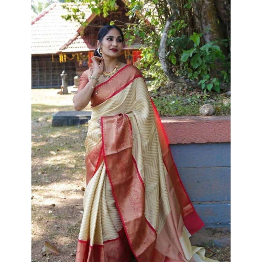 Snuggle Spot Women's Litchi silk Printed Saree With Unstitched Blouse (Beige)