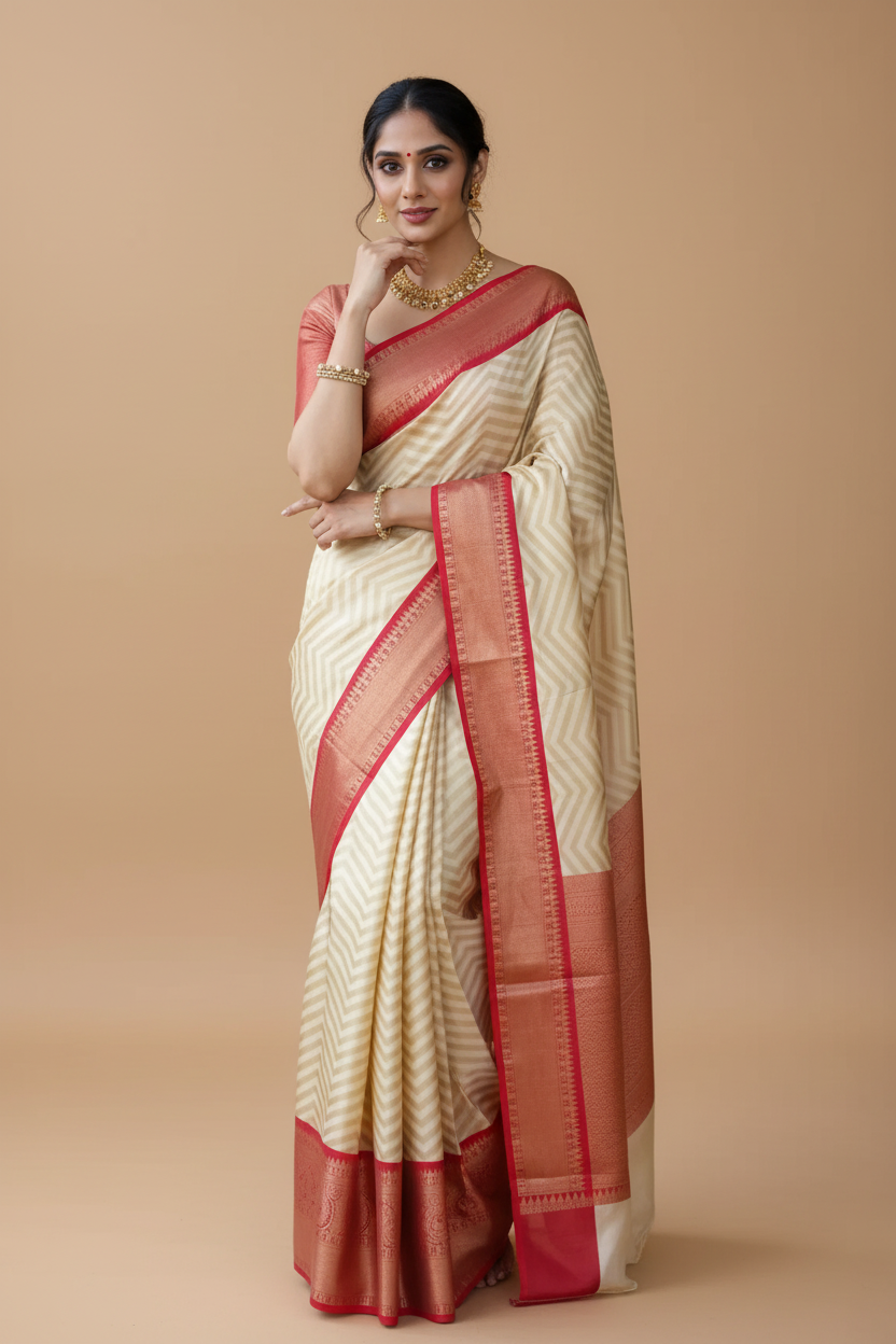 Snuggle Spot Women's Litchi silk Printed Saree With Unstitched Blouse (Beige)
