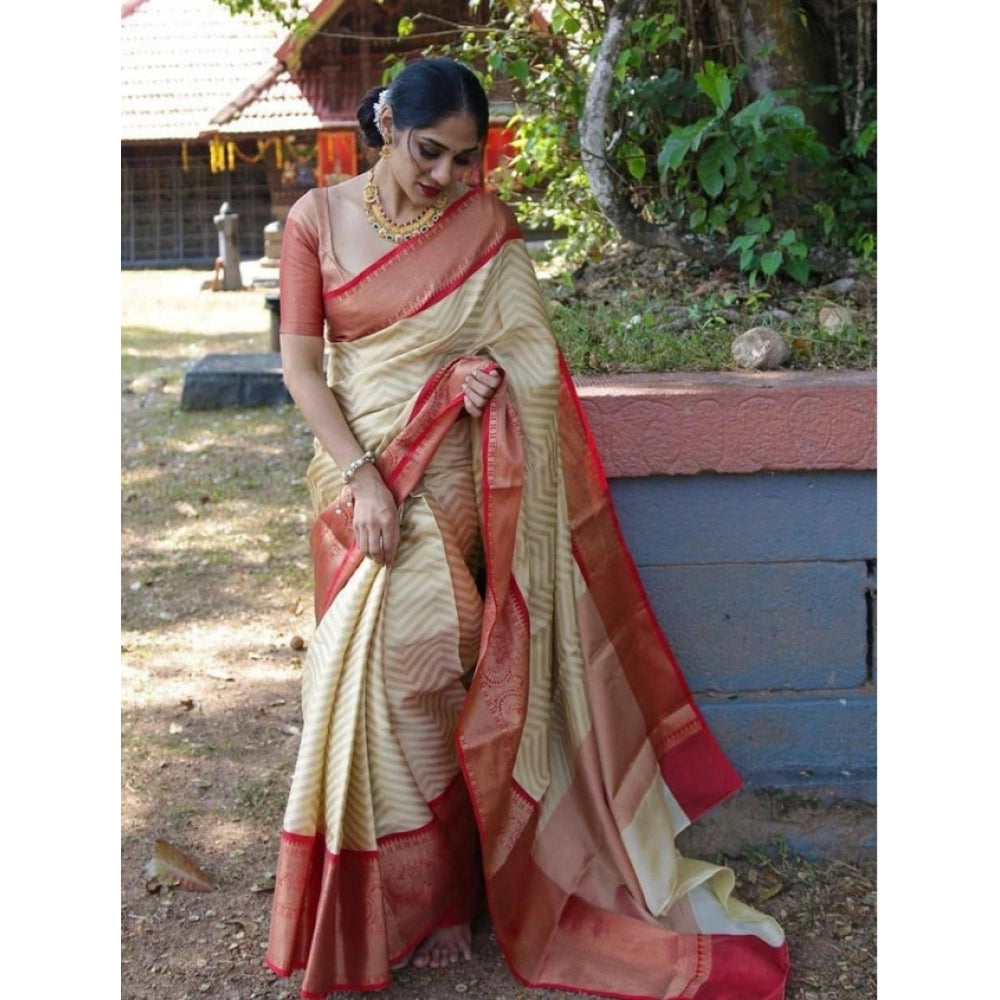 Snuggle Spot Women's Litchi silk Printed Saree With Unstitched Blouse (Beige)