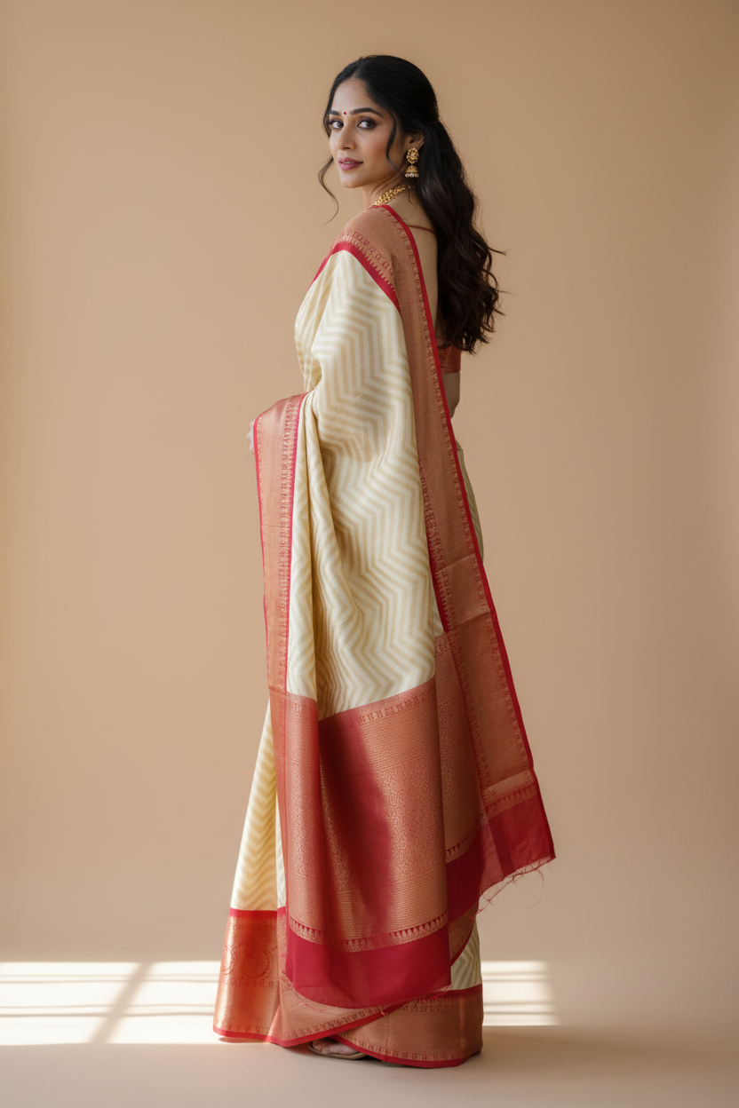 Snuggle Spot Women's Litchi silk Printed Saree With Unstitched Blouse (Beige)