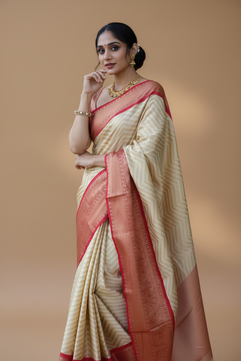 Snuggle Spot Women's Litchi silk Printed Saree With Unstitched Blouse (Beige)
