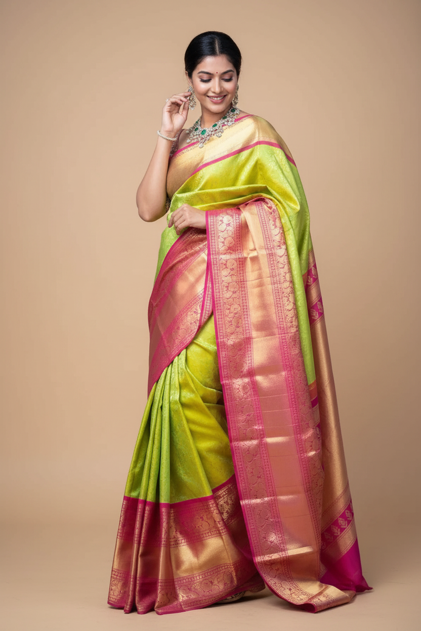 Snuggle Spot Women's Litchi silk Printed Saree With Unstitched Blouse (Green)