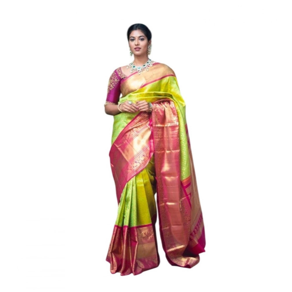 Snuggle Spot Women's Litchi silk Printed Saree With Unstitched Blouse (Green)