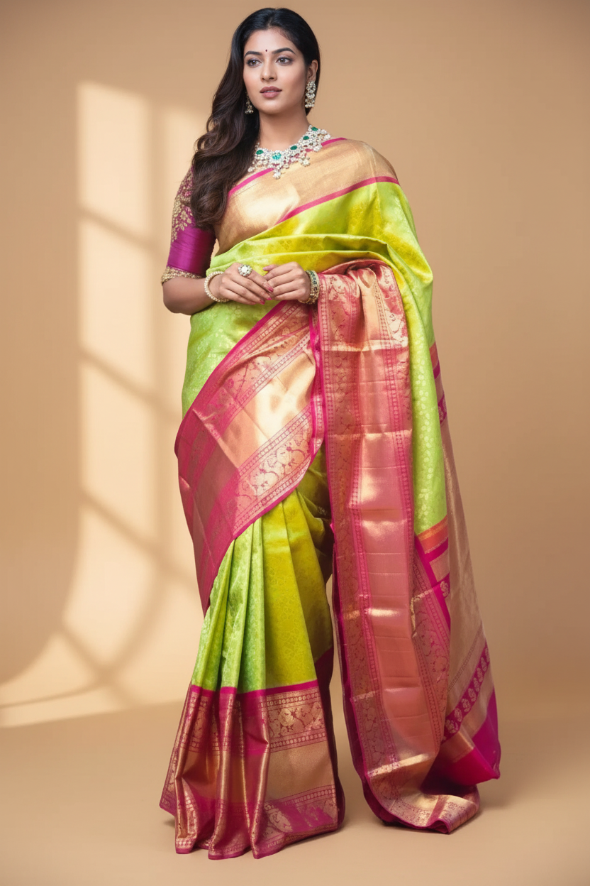 Snuggle Spot Women's Litchi silk Printed Saree With Unstitched Blouse (Green)