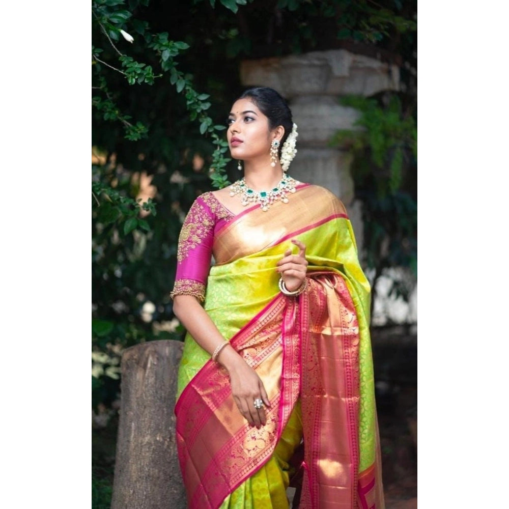 Snuggle Spot Women's Litchi silk Printed Saree With Unstitched Blouse (Green)