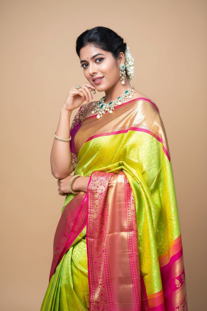 Snuggle Spot Women's Litchi silk Printed Saree With Unstitched Blouse (Green)