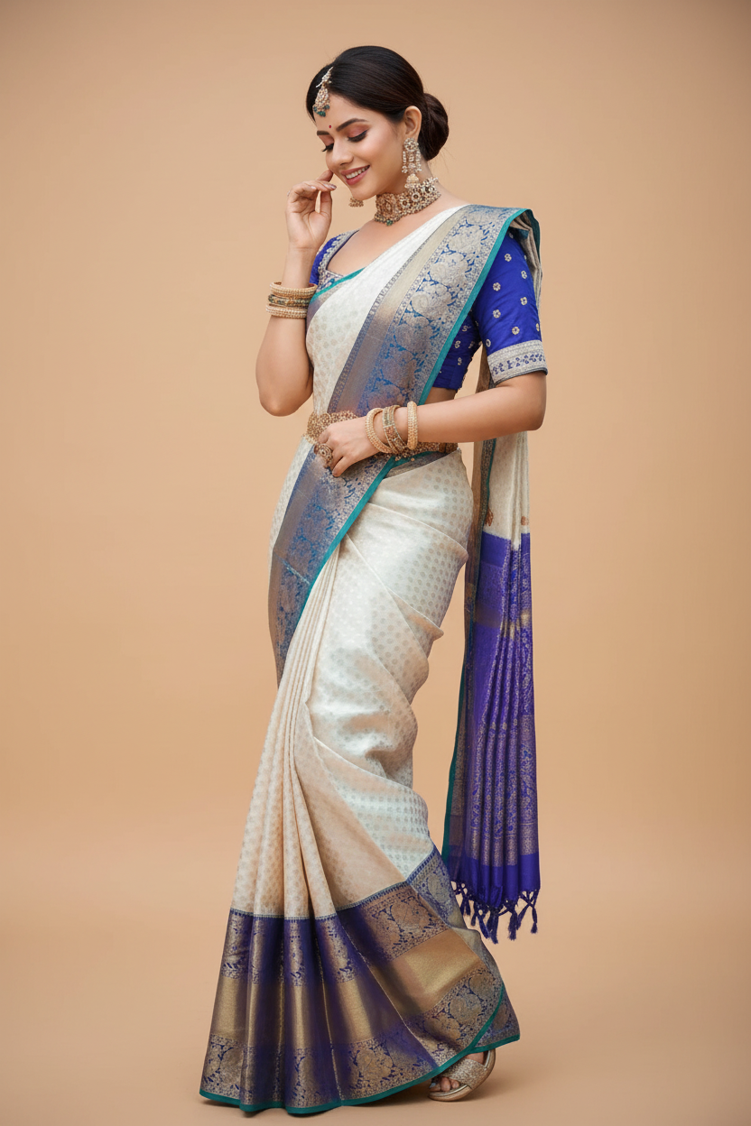 Snuggle Spot Women's Litchi silk Printed Saree With Unstitched Blouse (Off White)