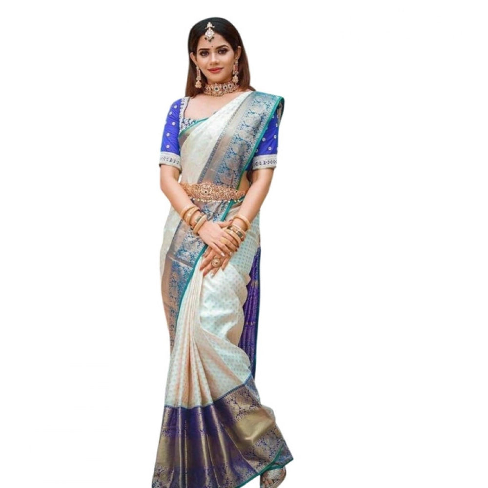Snuggle Spot Women's Litchi silk Printed Saree With Unstitched Blouse (Off White)