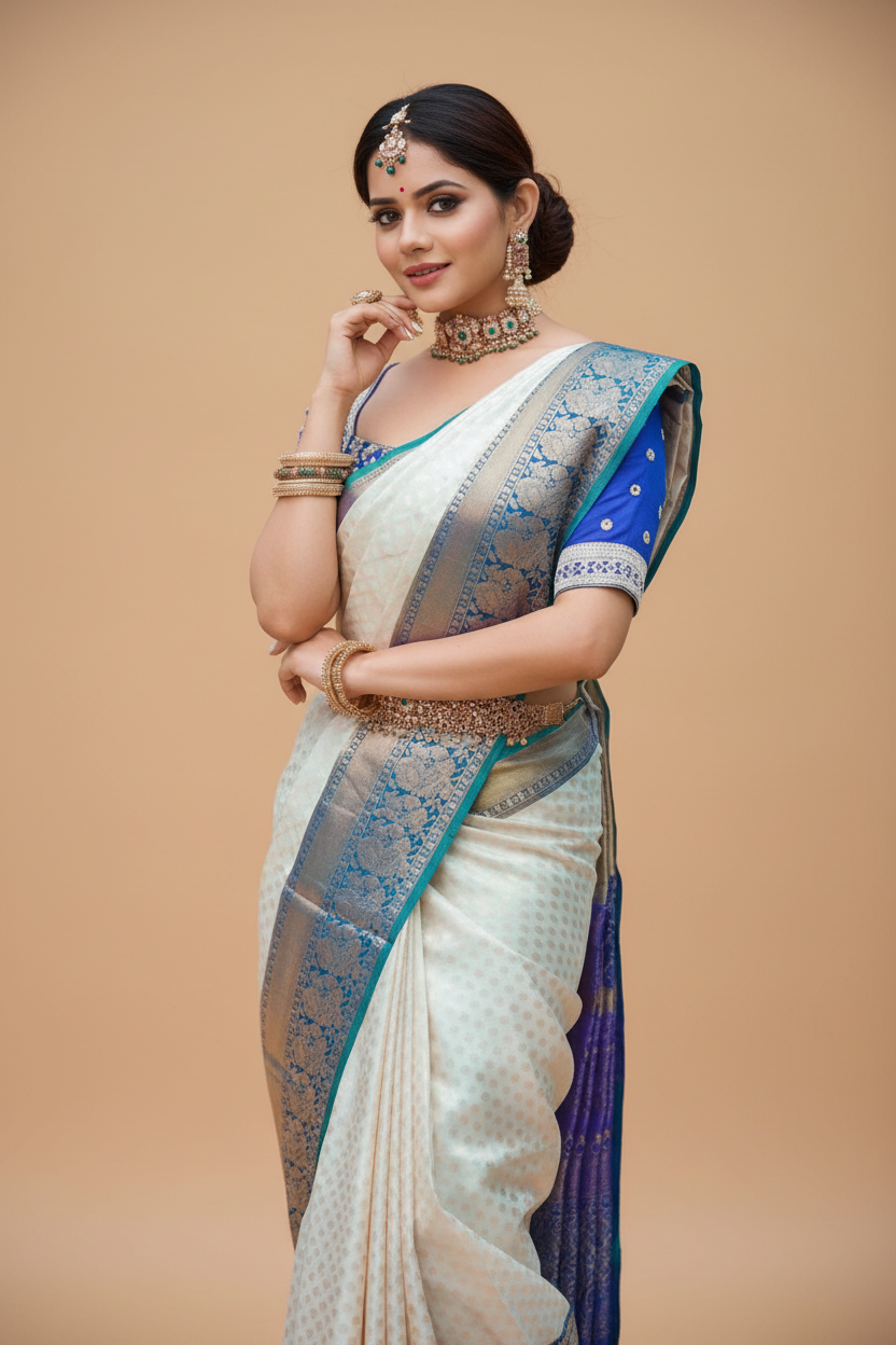 Snuggle Spot Women's Litchi silk Printed Saree With Unstitched Blouse (Off White)