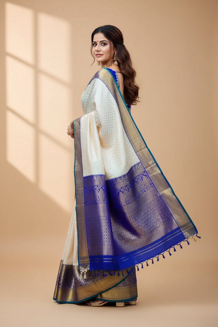 Snuggle Spot Women's Litchi silk Printed Saree With Unstitched Blouse (Off White)