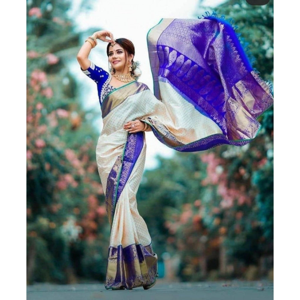 Snuggle Spot Women's Litchi silk Printed Saree With Unstitched Blouse (Off White)
