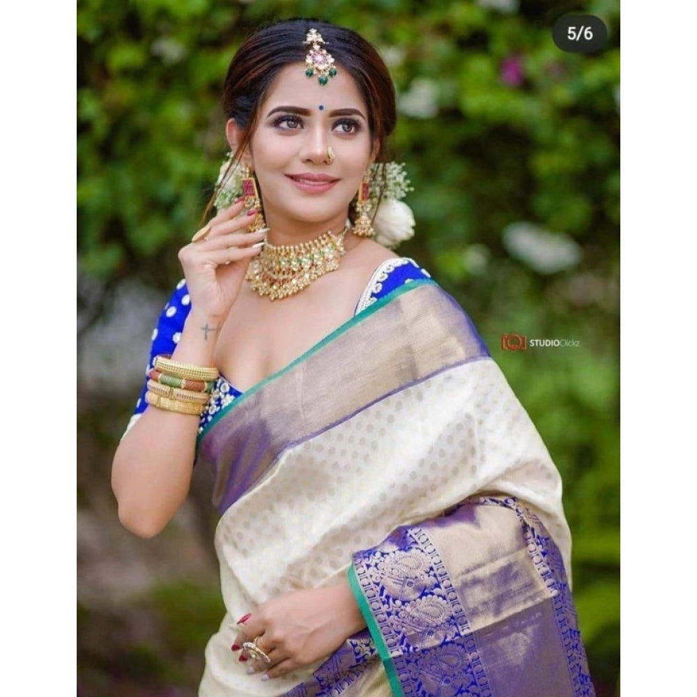 Snuggle Spot Women's Litchi silk Printed Saree With Unstitched Blouse (Off White)