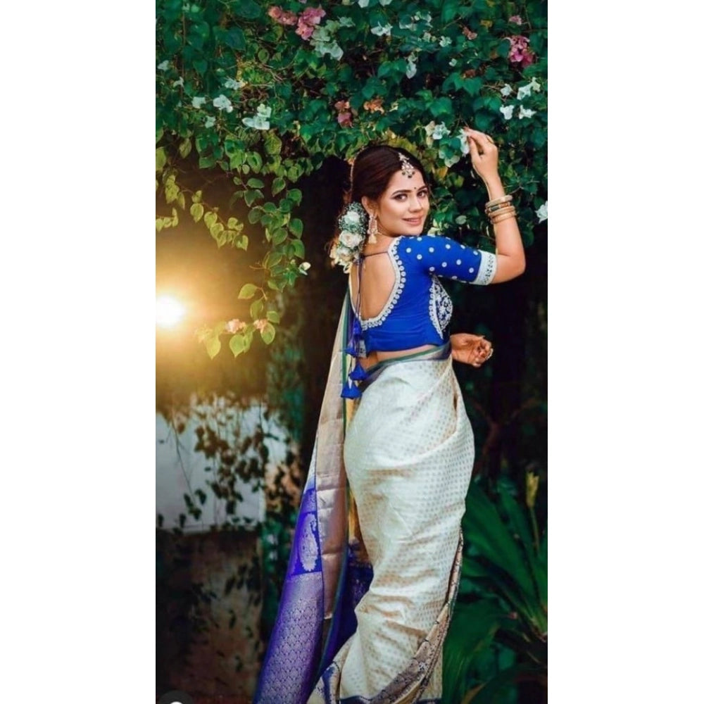 Snuggle Spot Women's Litchi silk Printed Saree With Unstitched Blouse (Off White)