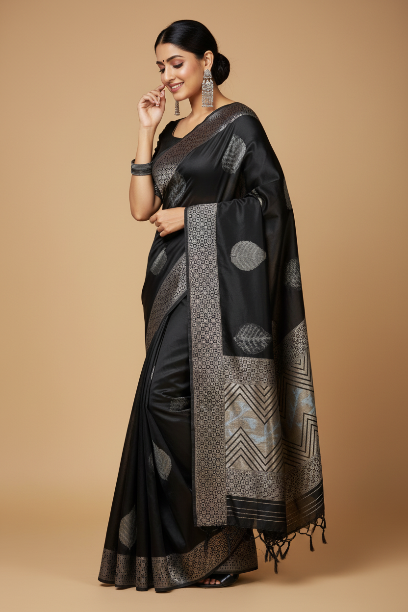 Snuggle Spot Women's Litchi silk Printed Saree With Unstitched Blouse (Black)