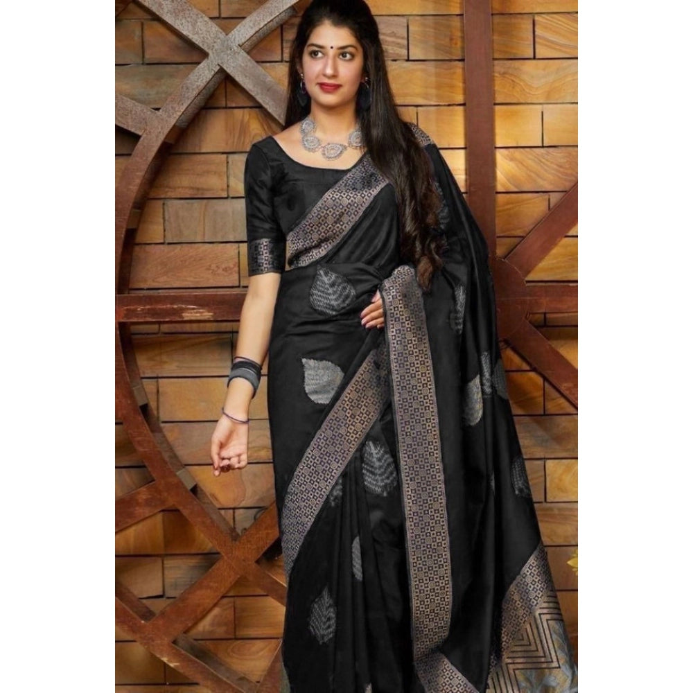 Snuggle Spot Women's Litchi silk Printed Saree With Unstitched Blouse (Black)