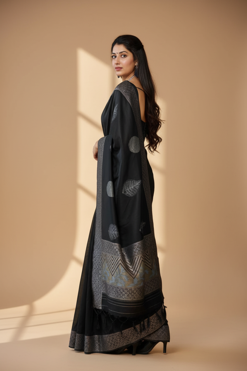 Snuggle Spot Women's Litchi silk Printed Saree With Unstitched Blouse (Black)