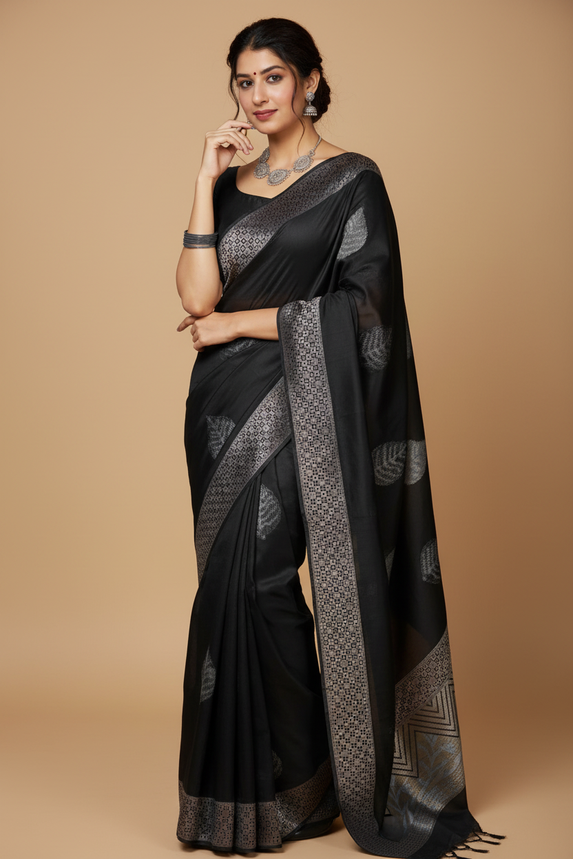 Snuggle Spot Women's Litchi silk Printed Saree With Unstitched Blouse (Black)
