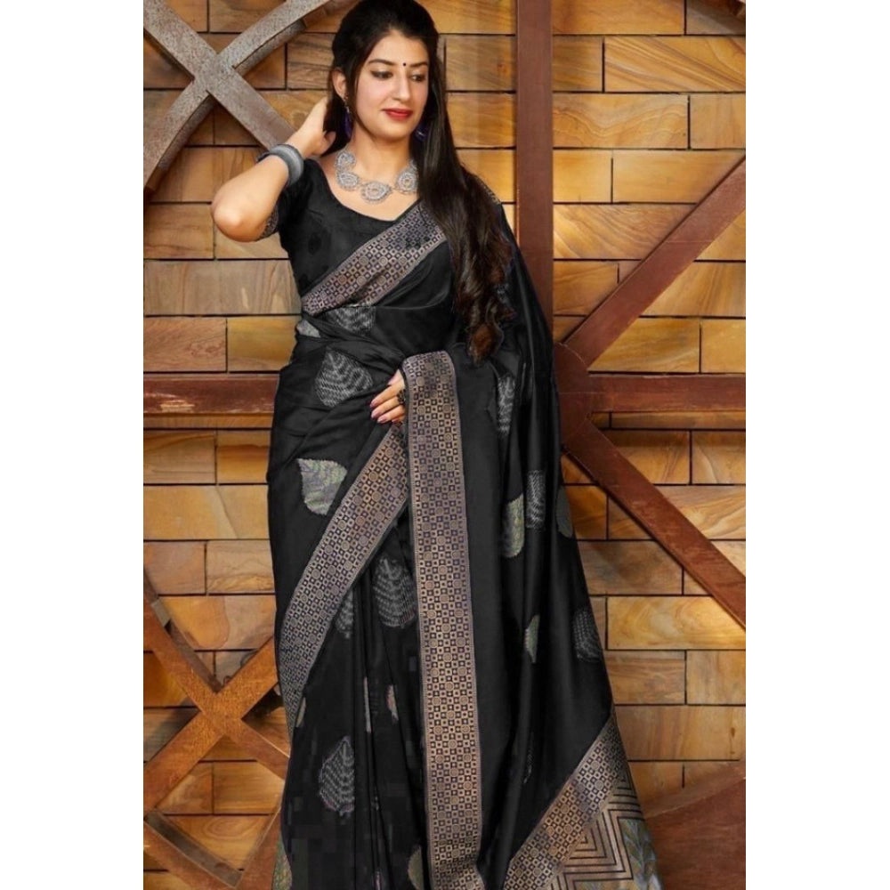 Snuggle Spot Women's Litchi silk Printed Saree With Unstitched Blouse (Black)