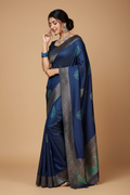 Snuggle Spot Women's Litchi silk Printed Saree With Unstitched Blouse (Blue)