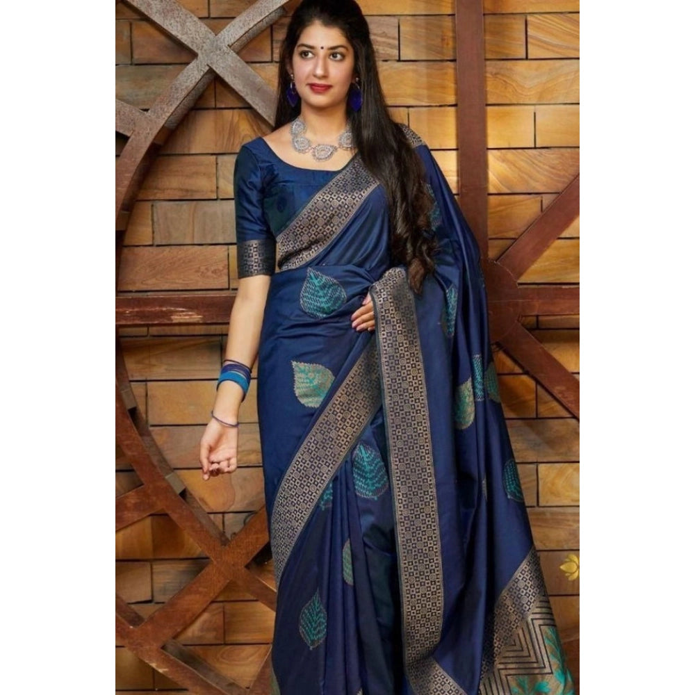 Snuggle Spot Women's Litchi silk Printed Saree With Unstitched Blouse (Blue)