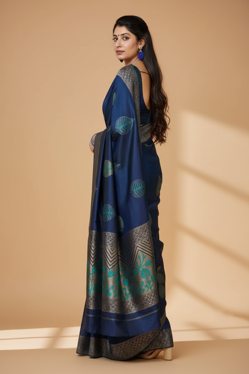Snuggle Spot Women's Litchi silk Printed Saree With Unstitched Blouse (Blue)