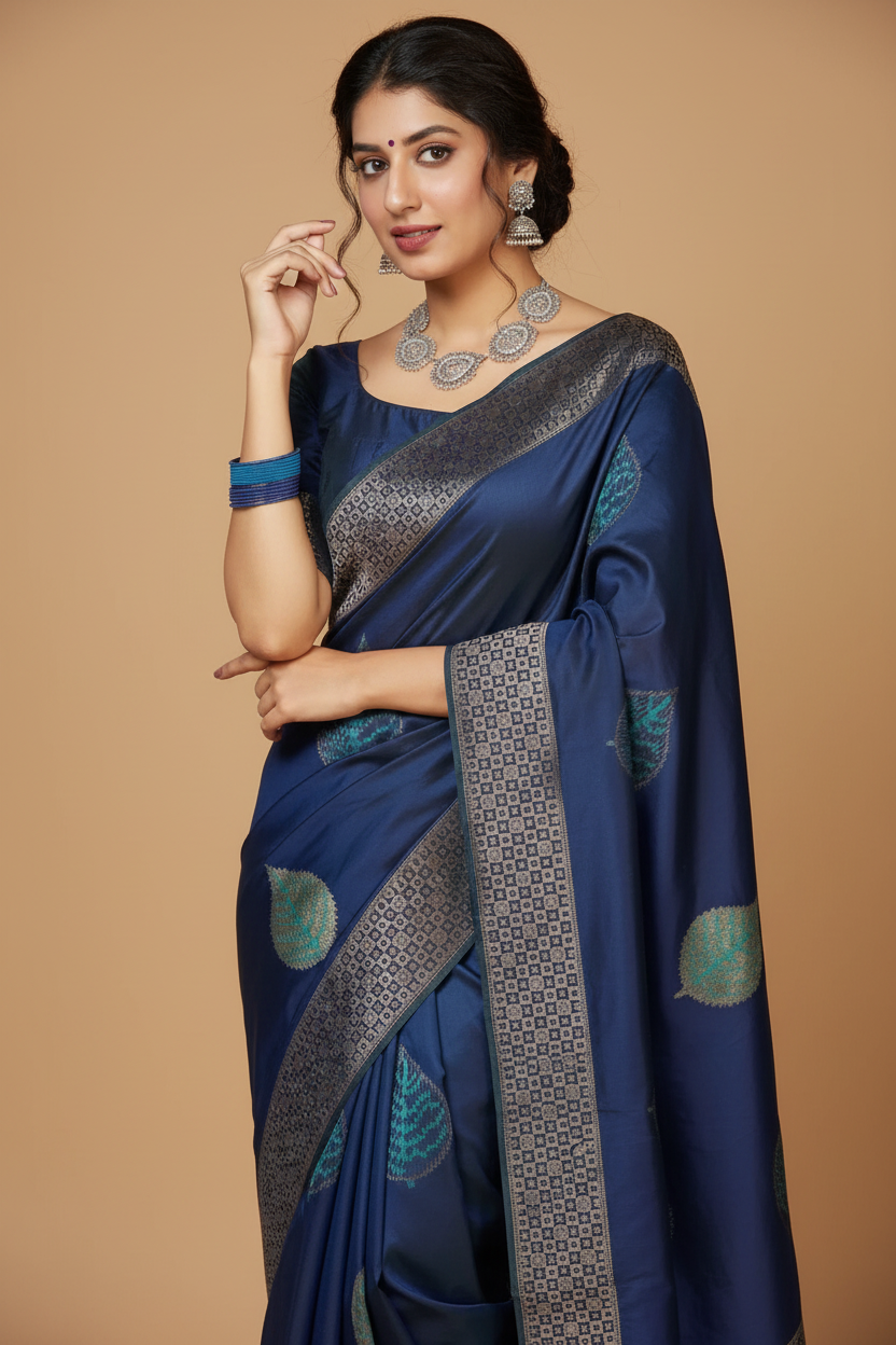 Snuggle Spot Women's Litchi silk Printed Saree With Unstitched Blouse (Blue)