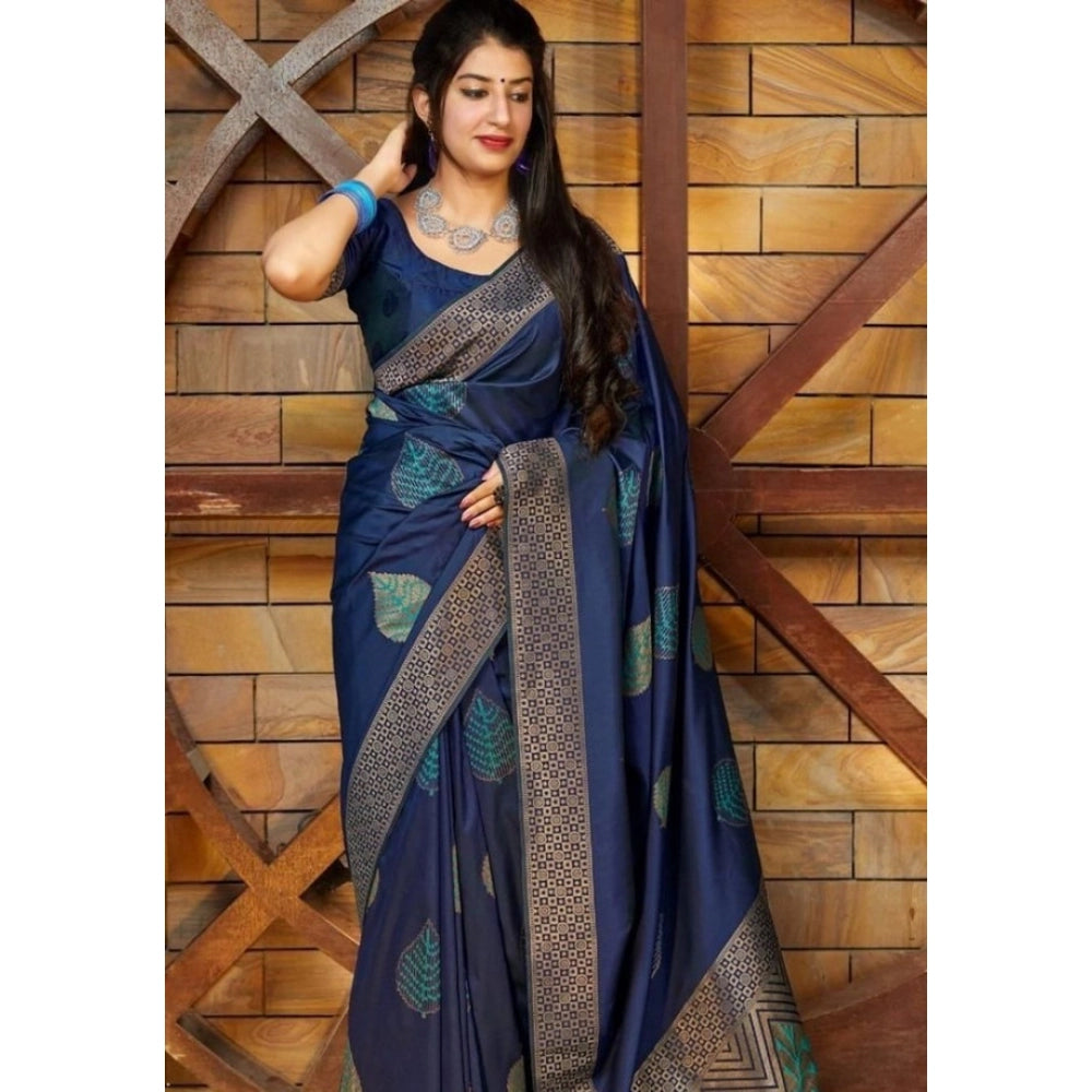 Snuggle Spot Women's Litchi silk Printed Saree With Unstitched Blouse (Blue)