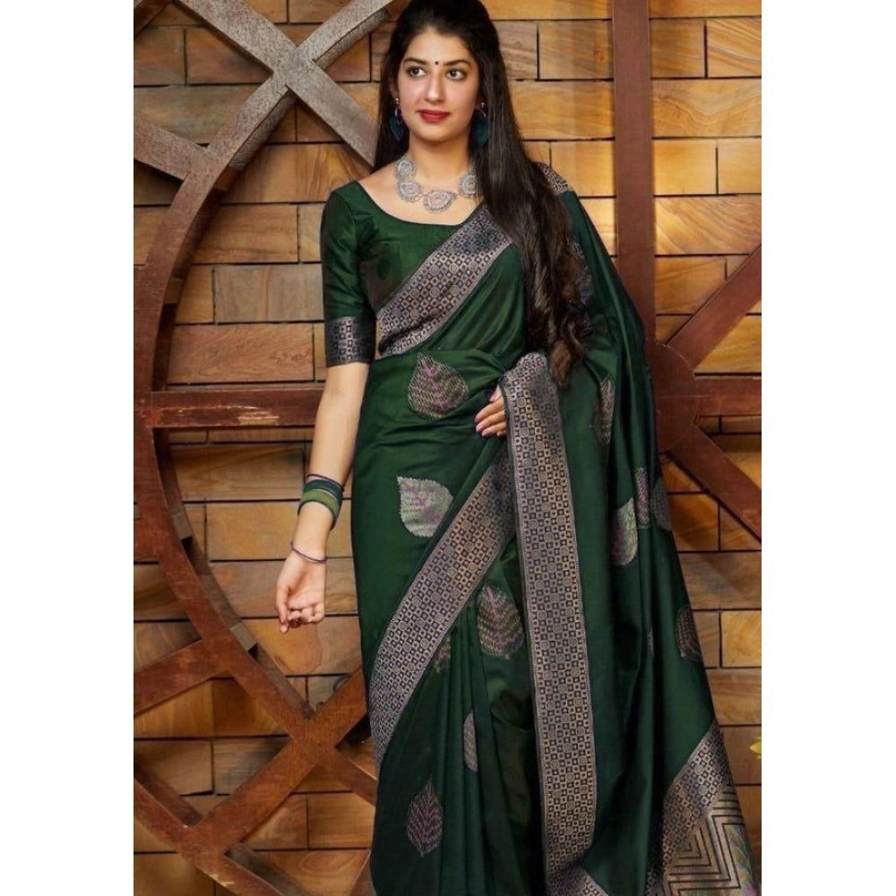 Snuggle Spot Women's Litchi silk Printed Saree With Unstitched Blouse (Green)