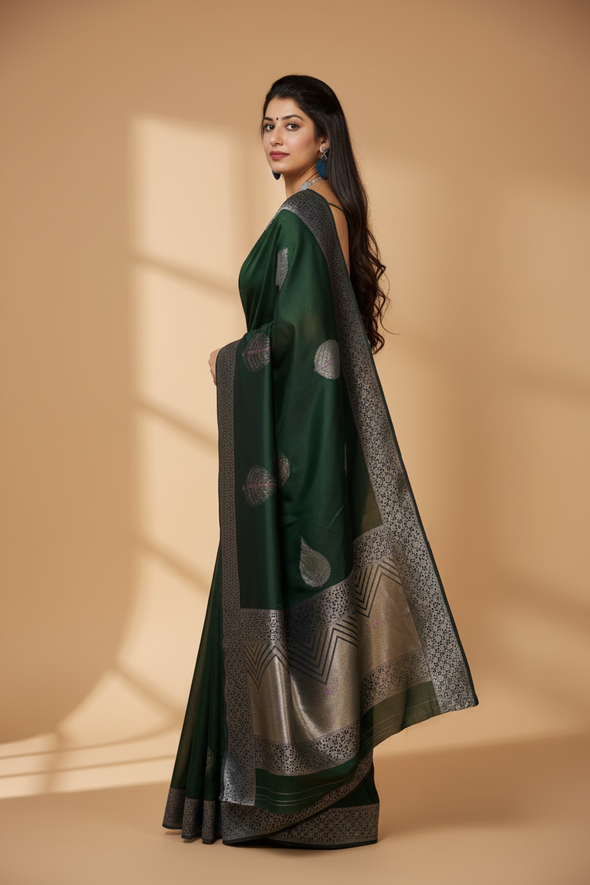 Snuggle Spot Women's Litchi silk Printed Saree With Unstitched Blouse (Green)