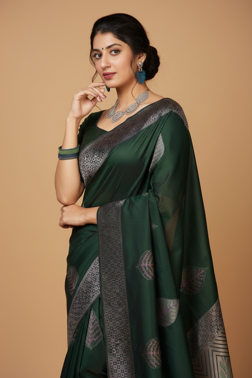 Snuggle Spot Women's Litchi silk Printed Saree With Unstitched Blouse (Green)