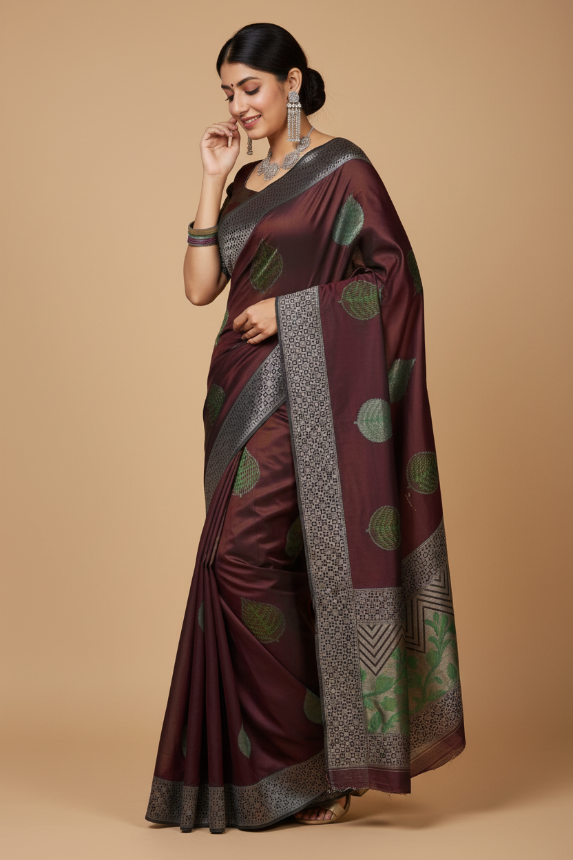 Snuggle Spot Women's Litchi silk Printed Saree With Unstitched Blouse (Maroon)