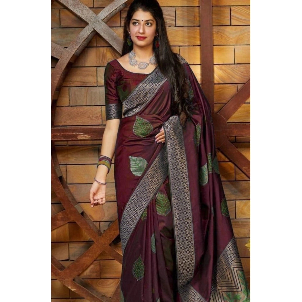 Snuggle Spot Women's Litchi silk Printed Saree With Unstitched Blouse (Maroon)