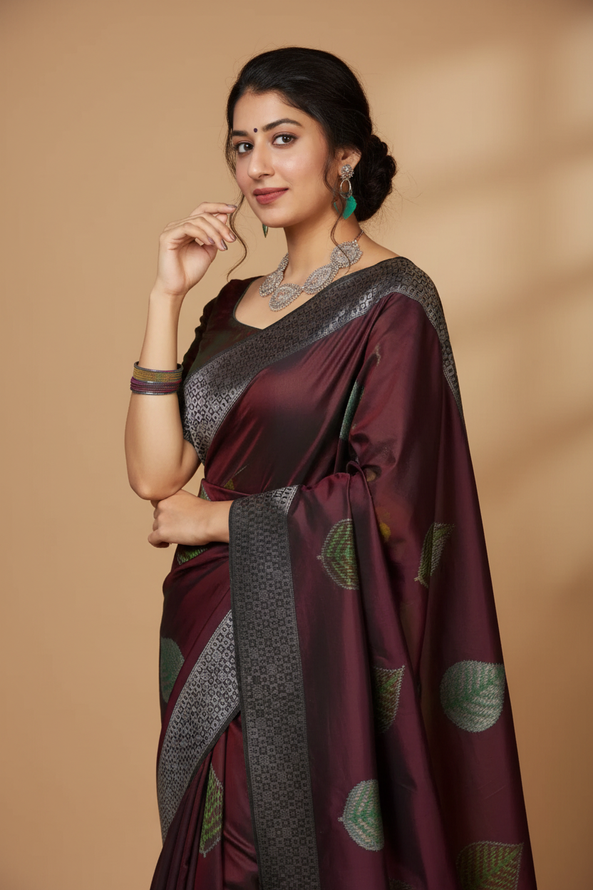 Snuggle Spot Women's Litchi silk Printed Saree With Unstitched Blouse (Maroon)