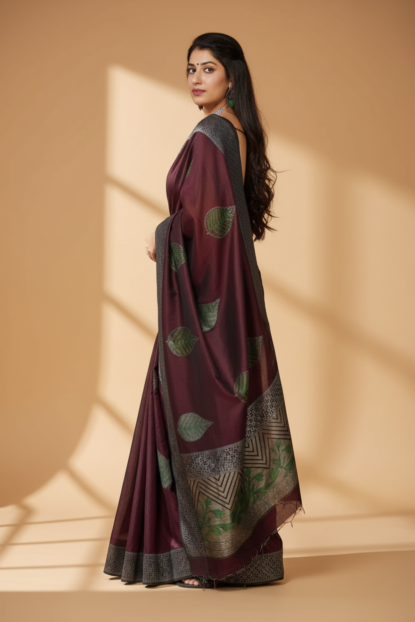 Snuggle Spot Women's Litchi silk Printed Saree With Unstitched Blouse (Maroon)