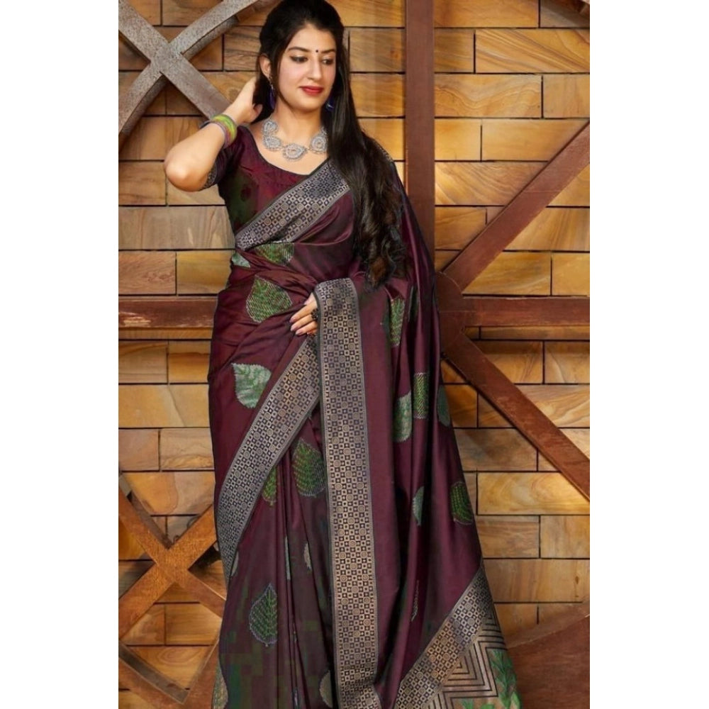 Snuggle Spot Women's Litchi silk Printed Saree With Unstitched Blouse (Maroon)